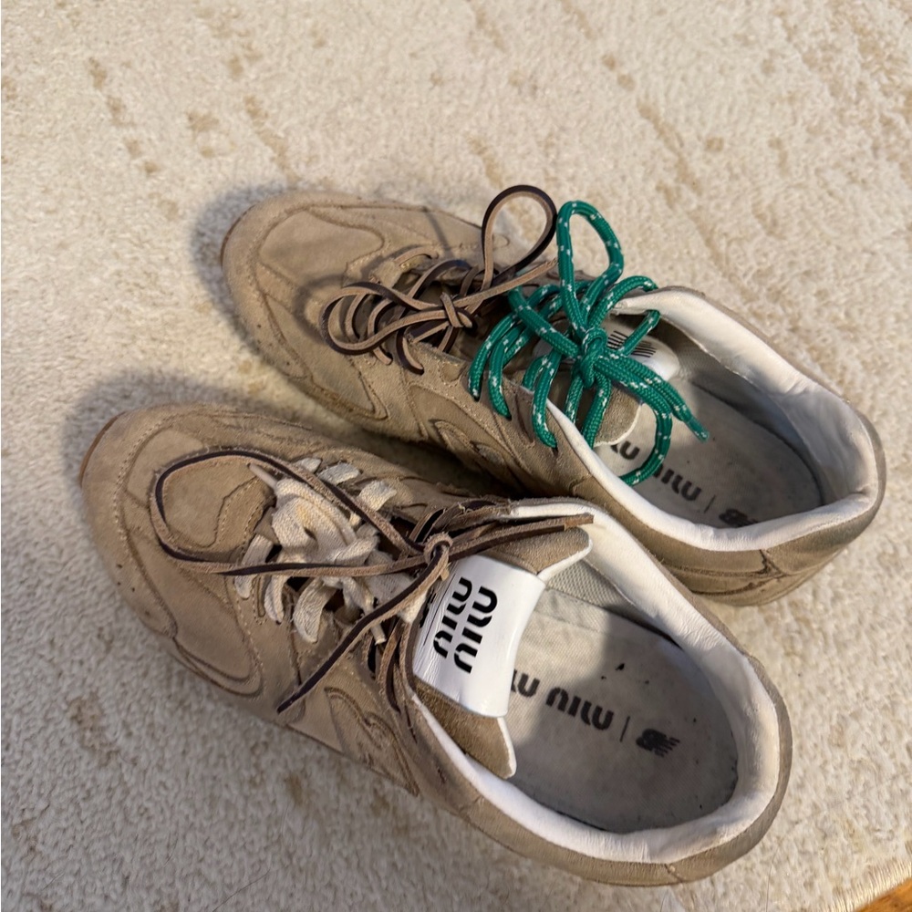 Miu Miu Taupe Suede Sneakers with Green Laces - Picture 3 of 3